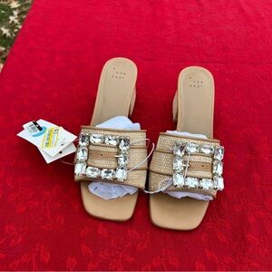 Size 7.5 Women's Kathleen Raffia Buckle Block Heels - A New Day Beige wedding